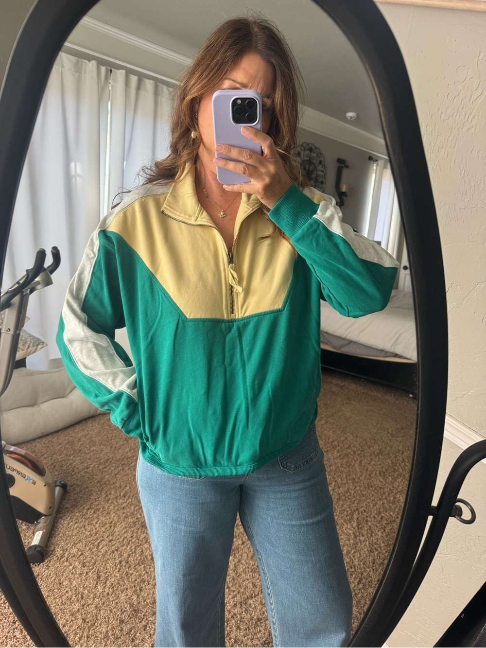 Green and Cream Colorblock Half-Zip Pullover Top
